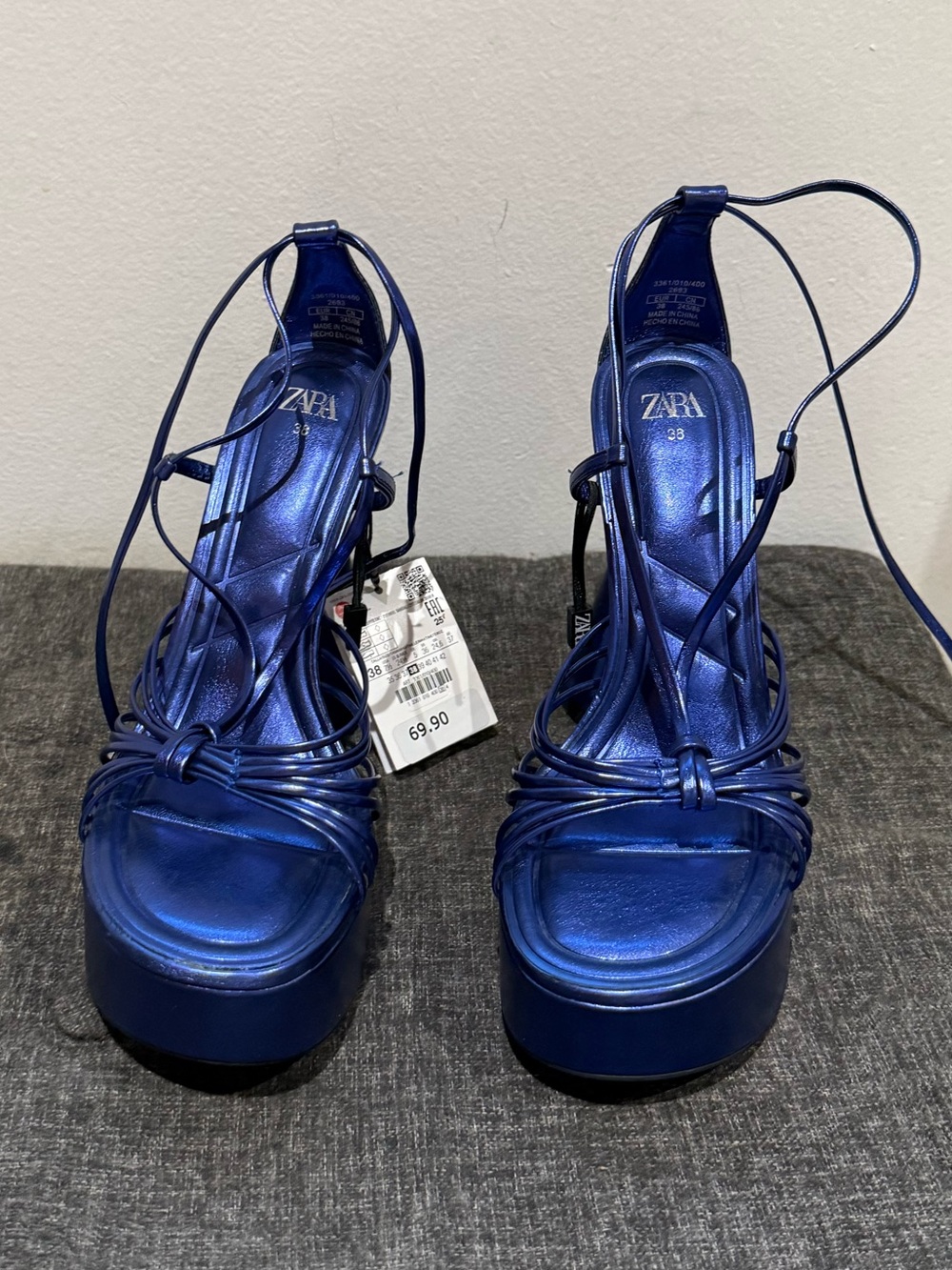 Zara Metallic Royal Blue Lace-Up Platform Sandals